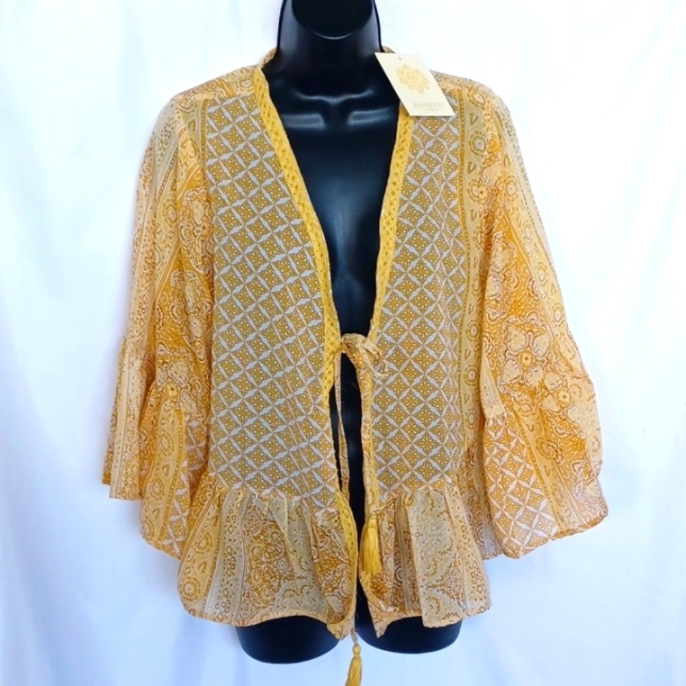 Rebellion Again Shrug, Tie, Bell Sleeves, Mustard, Small, Crochet Trim, Ptp =19"